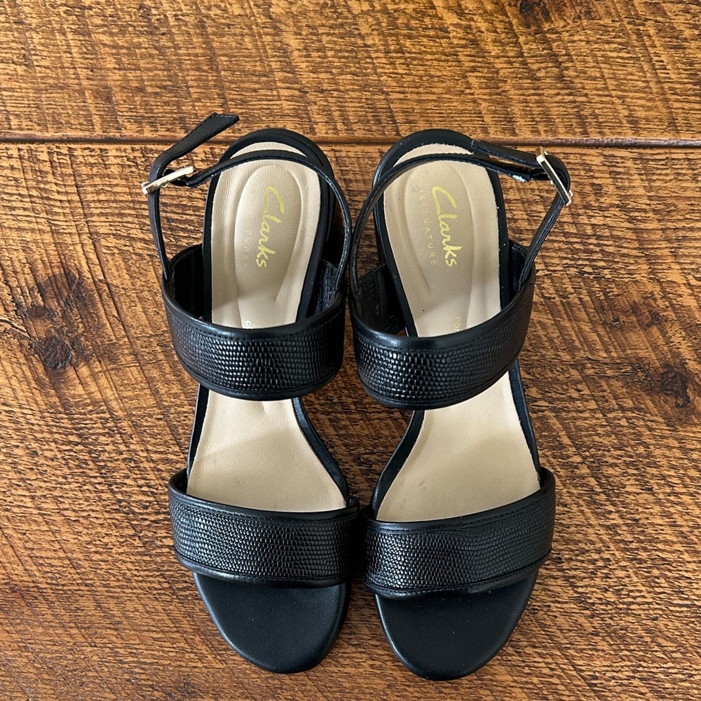 Clarks Black Ezoria Sling Women's Block Sandals, 7M, 3” height